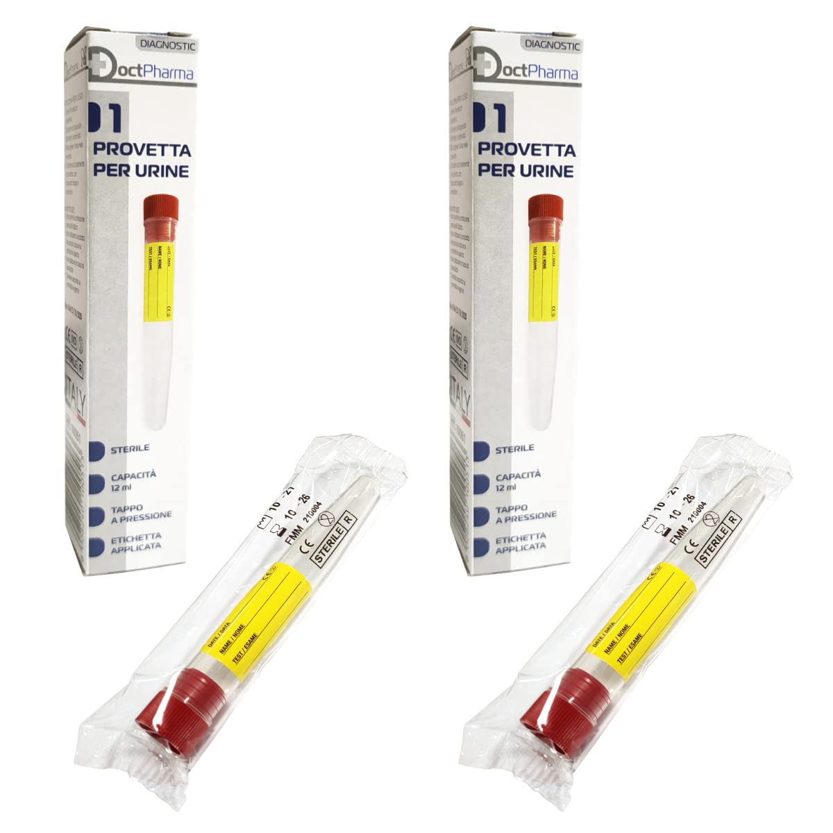 Provette Sterili per Analisi Urine 12ML con Etichetta, Fiale Graduate con Tappo a Pressione, KIT 2 PZ