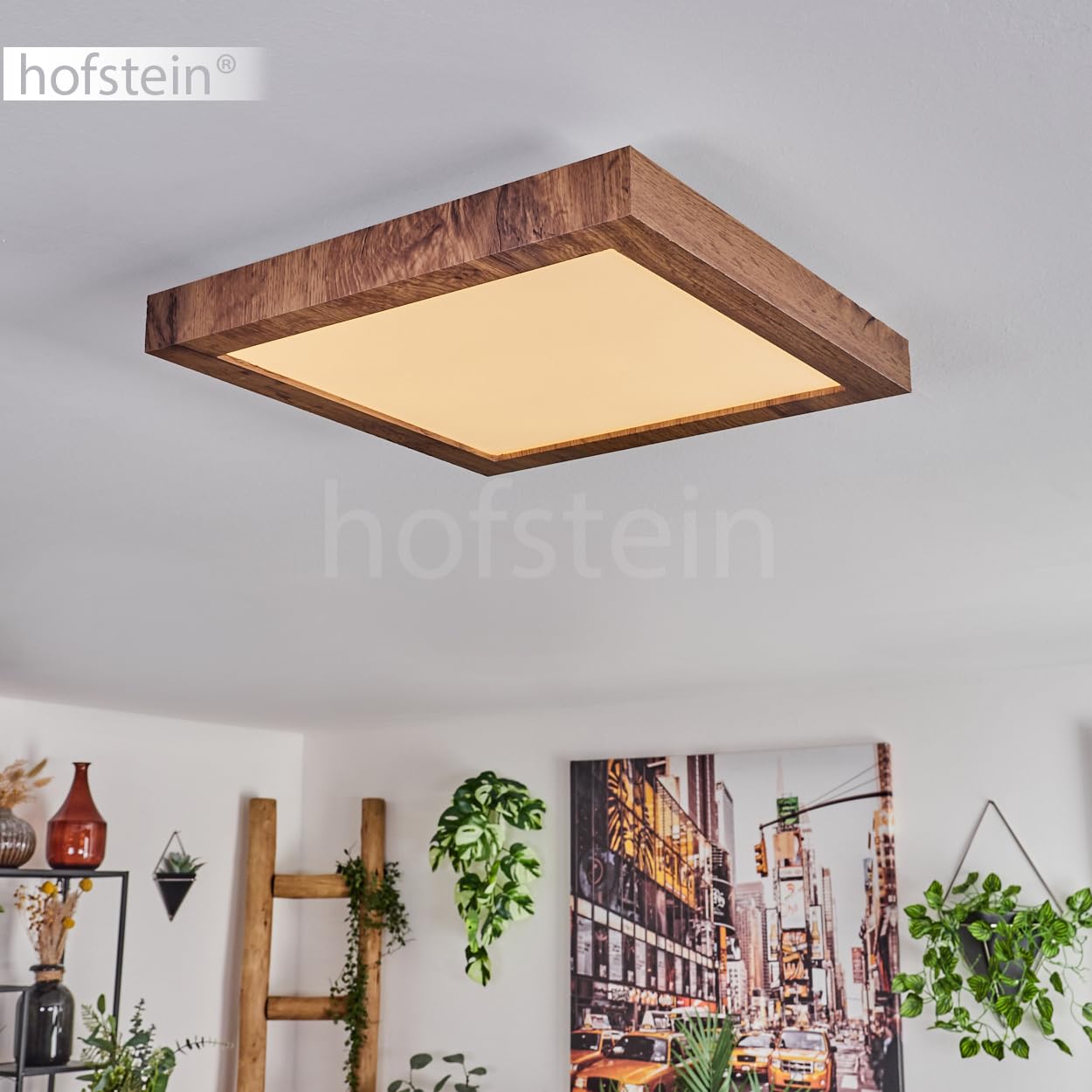 Plafón LED Bealeton, moderno plafón de metal/MDF/plástico en negro/madera/blanco, luminaria angular de diseño escandinavo (35 cm x 35 cm), 1800 lúmenes, 3000 Kelvin, LED 16 vatios