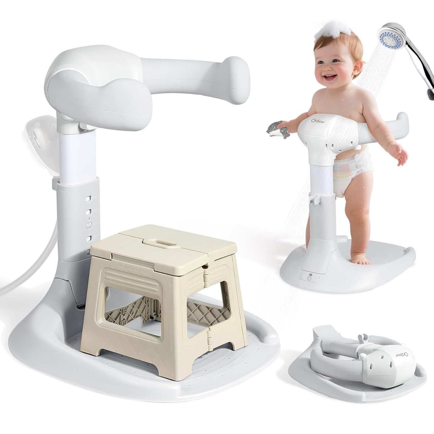 Orzbow Baby Shower Stand, Collapsible Baby Bath Stand with Foldable Chair, Adjustable Height Toddler Shower Standing Support for Infant 6-36 Months, Anti-Slip Base, Easy-Use, Gray With Stool Gray