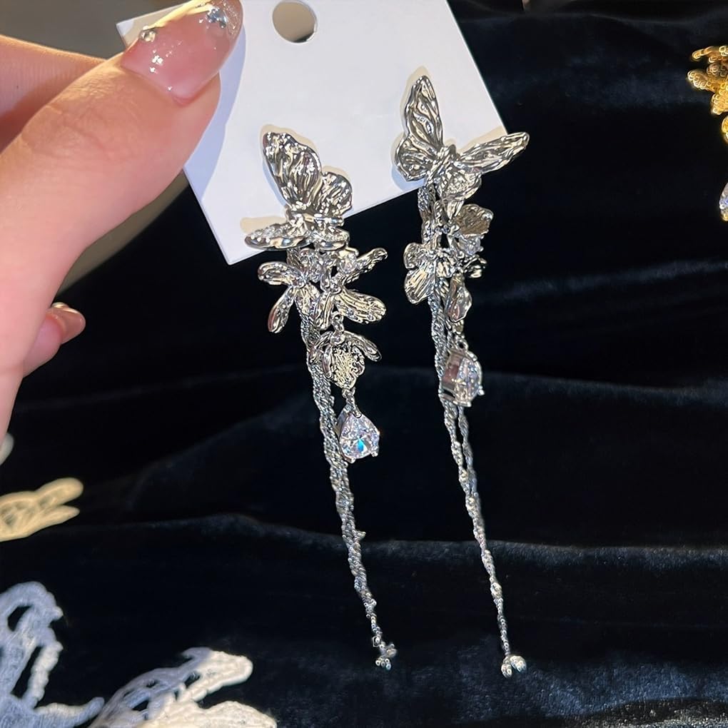 Gold Long Butterfly Dangle Earrings for Women,Cute Butterfly Flower Tassel Chain Earrings,Bride Wedding Drop Earrings Valentine'S Day Jewelry Gifts - Image 6