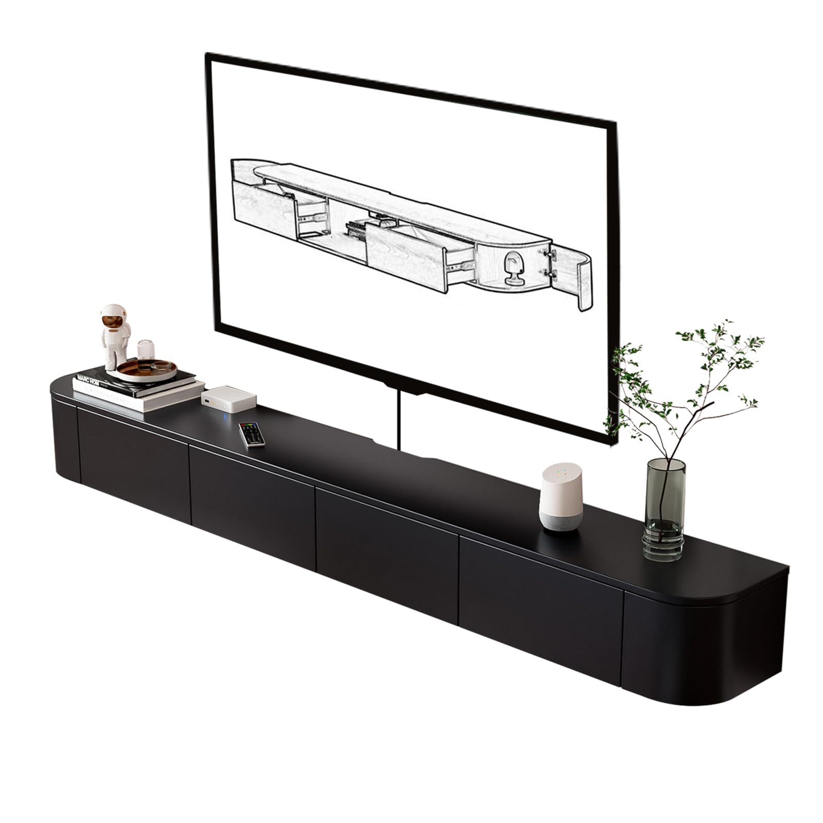 Solid Wood Floating TV Stand - Wall Mounted Media Console with 2 Side Doors, Deepened 11.8'', Wall Mounted Audio/Video Shelf for Home Room (Black, 78.74x7.87x11.8'')