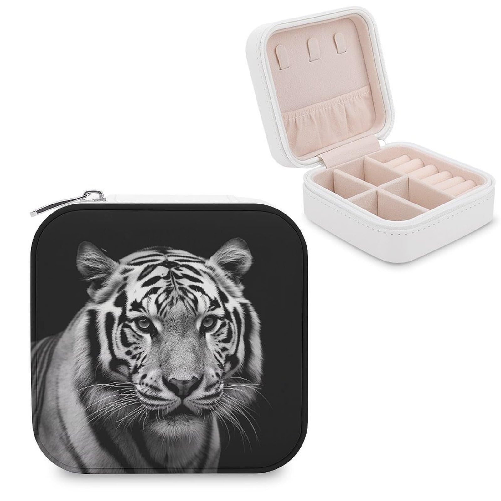 VstaDank Black And White Tiger Travel Jewelry Case Zipper Portable Small Jewelry Box Custom Pu Leather Mini Traveling Jewelry Organizer for Rings Earrings Necklace Bracelet Girls Women