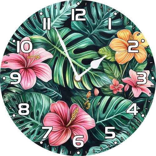 Geroclonup Tropical Flower Wall Clock 25cm Silent Non Ticking Battery Operated Clock Vintage Round Clock for Living Room Bedroom Bathroom Office Decor