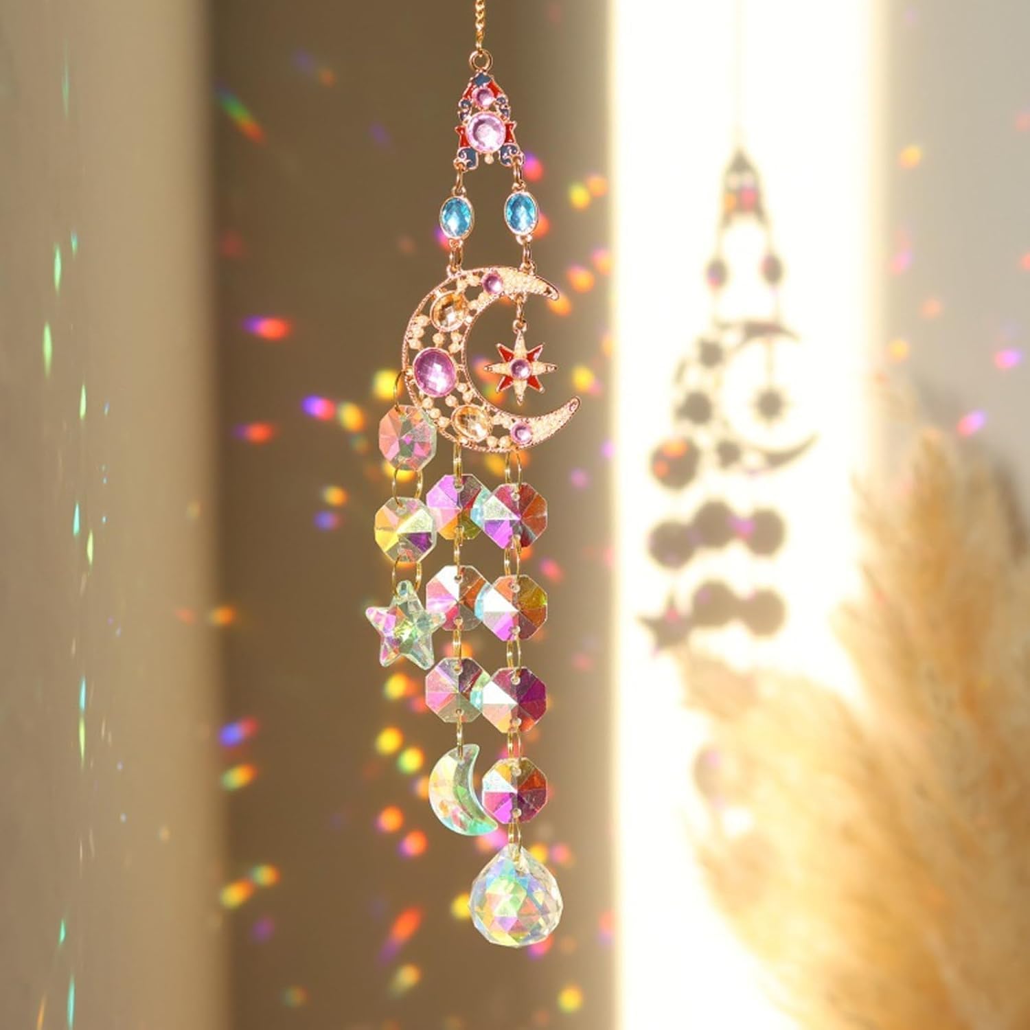 Colorful Crystal Suncatcher,Crystal Dream Catcher with Chain Pendant Ornaments Hanging Crystals Prism Rainbow Maker fit for Windows Indoor Outdoor Car Garden Decor Wedding Party (Star)