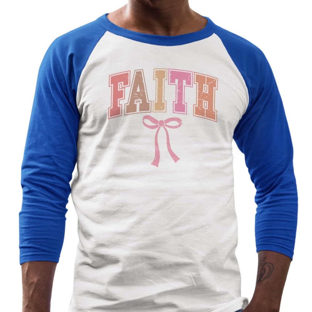 TeesAndTankYou Easter Faith Three-Quarter Raglan Sleeve Baseball Shirt Unisex 2X-Large White/Royal