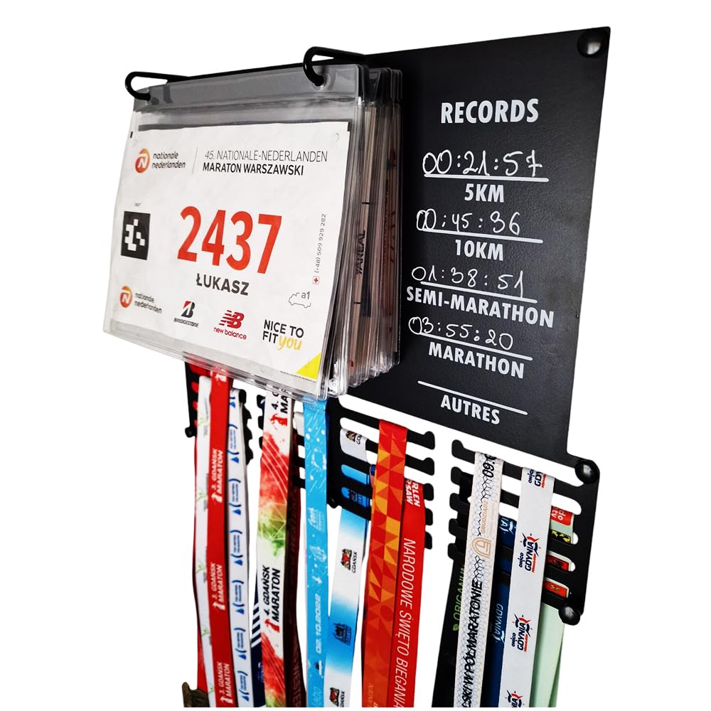 Porte Médailles Course à Pied – Tableau Ardoise Records Personnels & Range Dossards – Présentoir Running Marathon, Semi, 10km, 5km – Cadeau Coureur