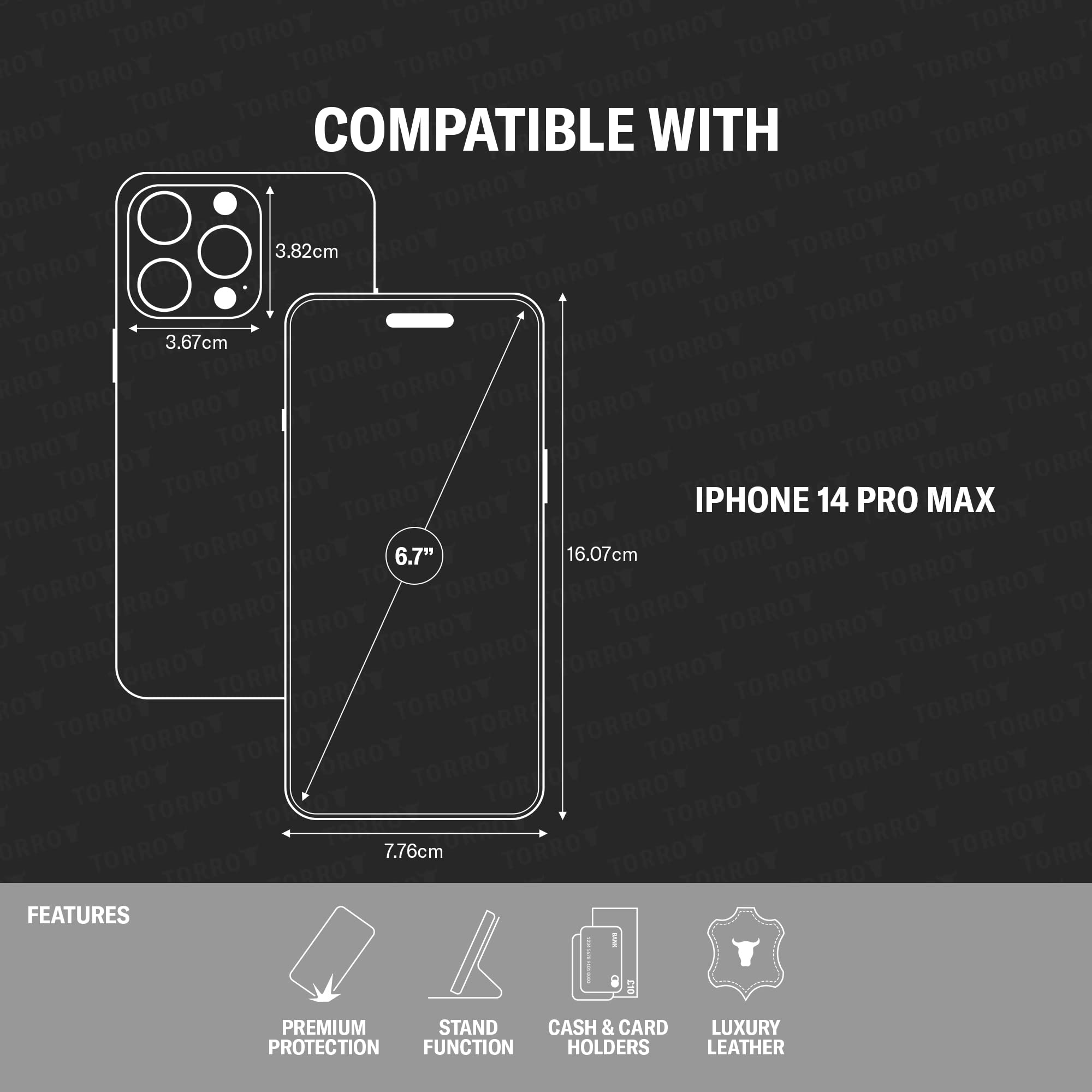 TORRO Hülle kompatibel mit iPhone 14 Pro Max – Premium Leder Hülle mit Standfunktion und Kartenfächern (Schwarz)