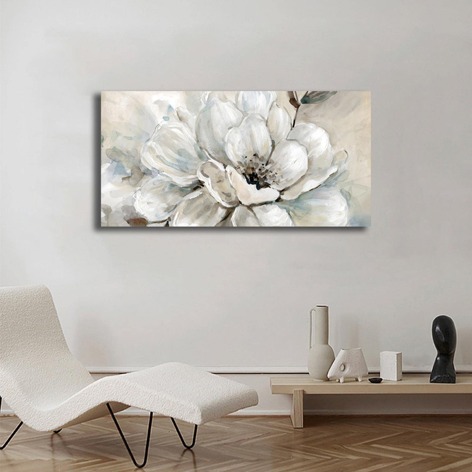 JINQIN Cuadros flores para sala de estar. Imagen de decoración abstracta. Tinta blanca peonía-impresión sobre lienzo. Pintura de lienzo enmarcado para lienzo envuelto en pared 50x100cm