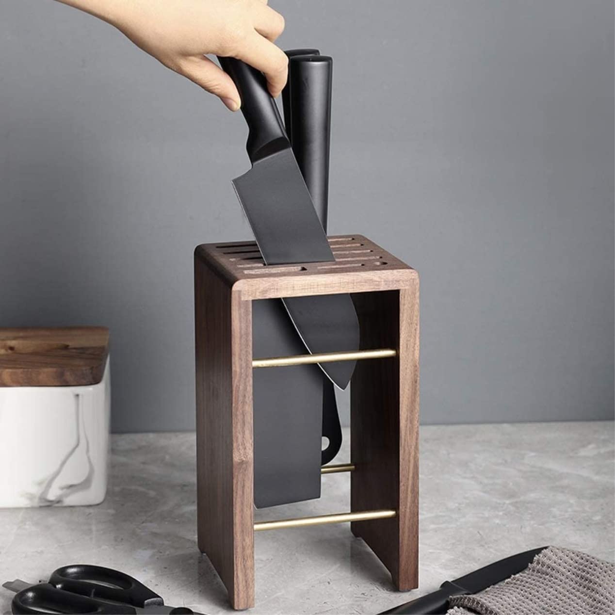 Soporte de madera para cuchillos de cocina, soporte multifuncional para cuchillos con estante de herramientas, accesorios de cocina, solución de almacenamiento