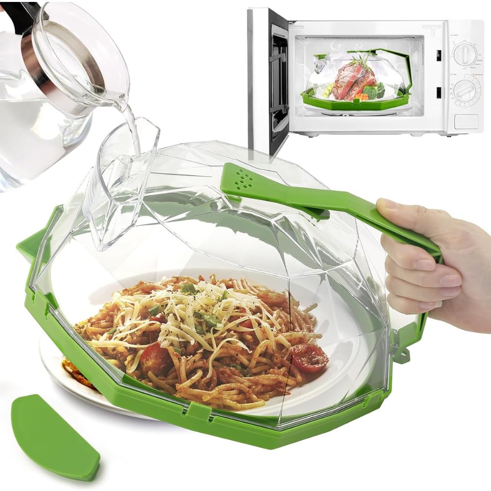 Tapa para Microondas 27 cm con Asa y Compartimento de Agua Antisalpicaduras Libre de BPA Evita Recalentado Seco Apta para Microondas Cubierta Protectora de Alimentos