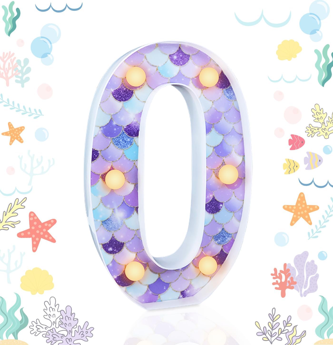 Mermaid Birthday Party Decoration LED Glowing Numbers Mermaid Number Light Up Number 0 Light up Sign Digital Lights Table Centerpiece for Mermaid Party Supplies