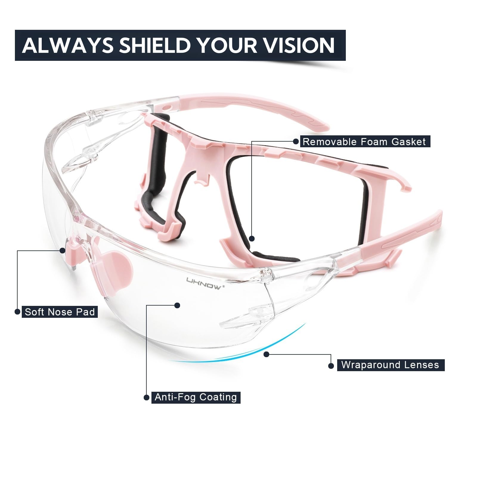 UKNOW Lunettes de sécurité – Verres enveloppants anti-buée – Joint en mousse amovible – Lunettes de protection ANSI Z87.1 – Résistant aux chocs