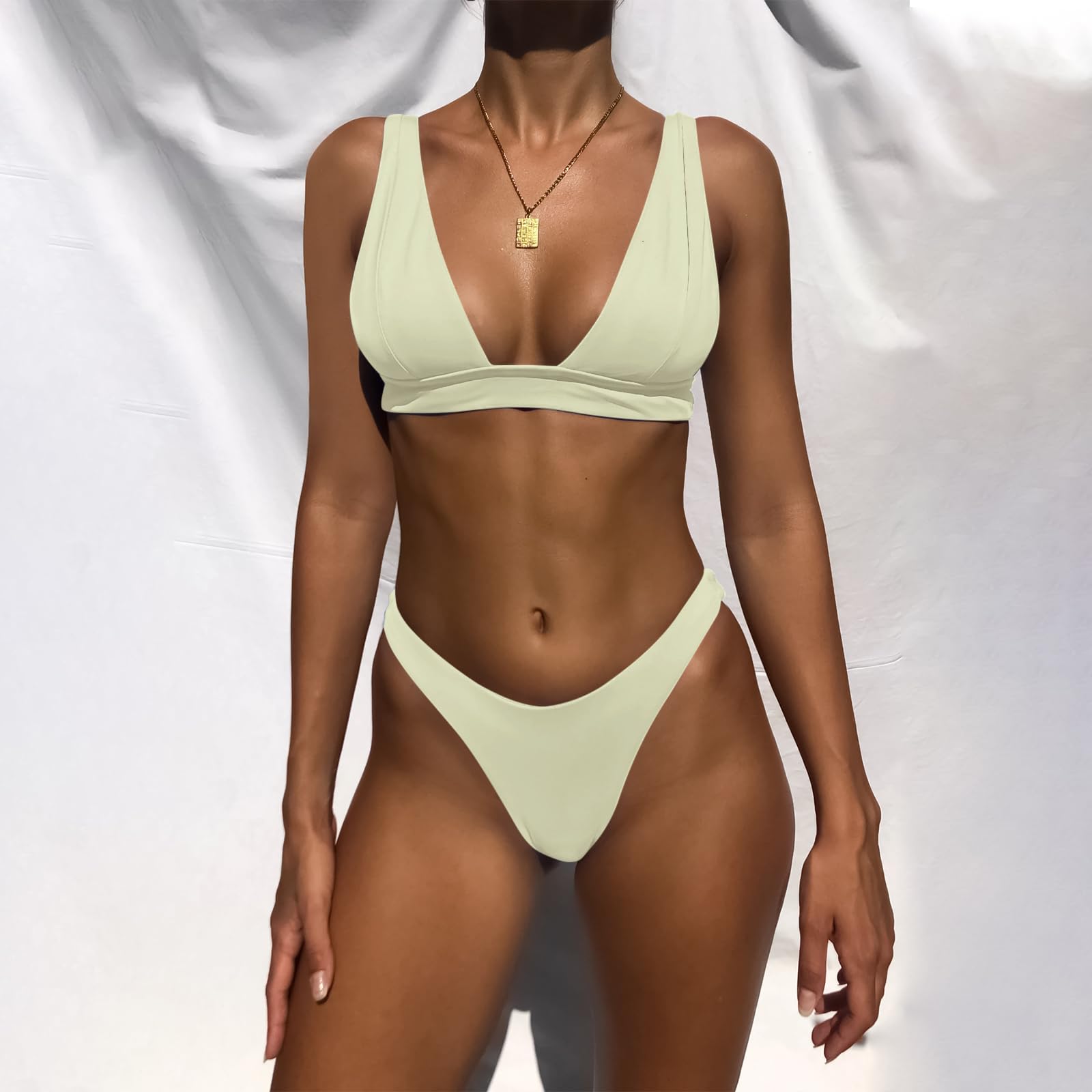 Trajes de baño para mujer, cuello en V profundo, sexy, de dos piezas, bikini para mujer, tanga halter, traje de baño atrevido, Beige 2