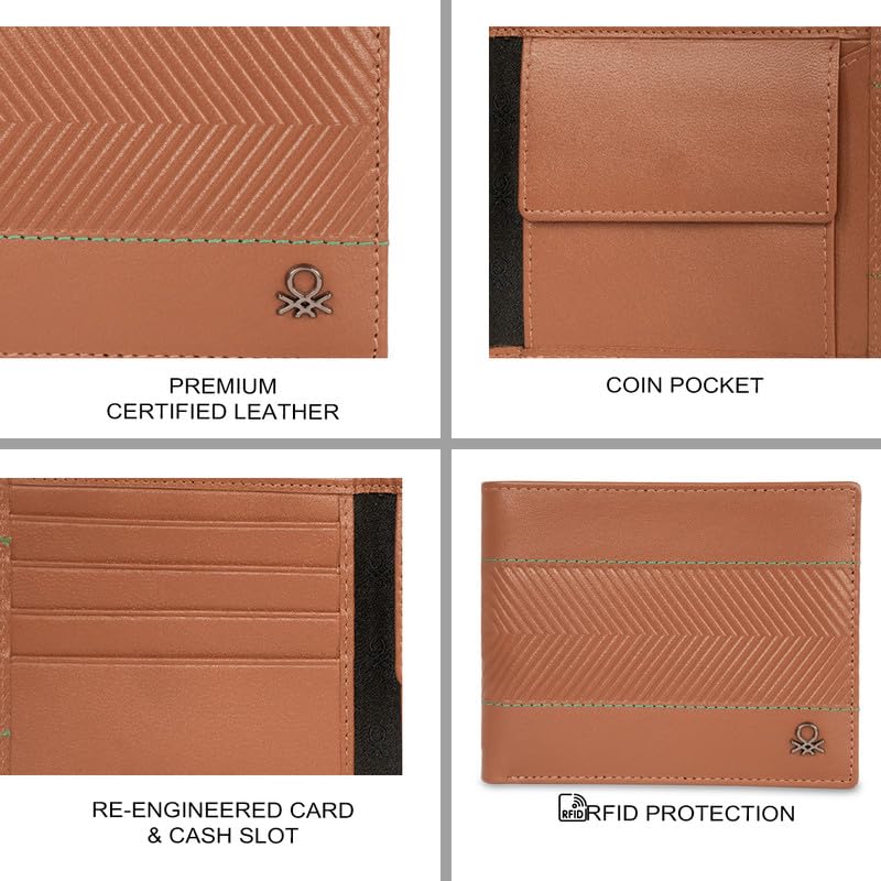 Image of UNITED COLORS OF BENETTON Men RFID Protected Locarno Global Coin Wallet - Tan, No. of Card Slot: 4 | Embossed Global Coin Wallet with Side Closure | Leather