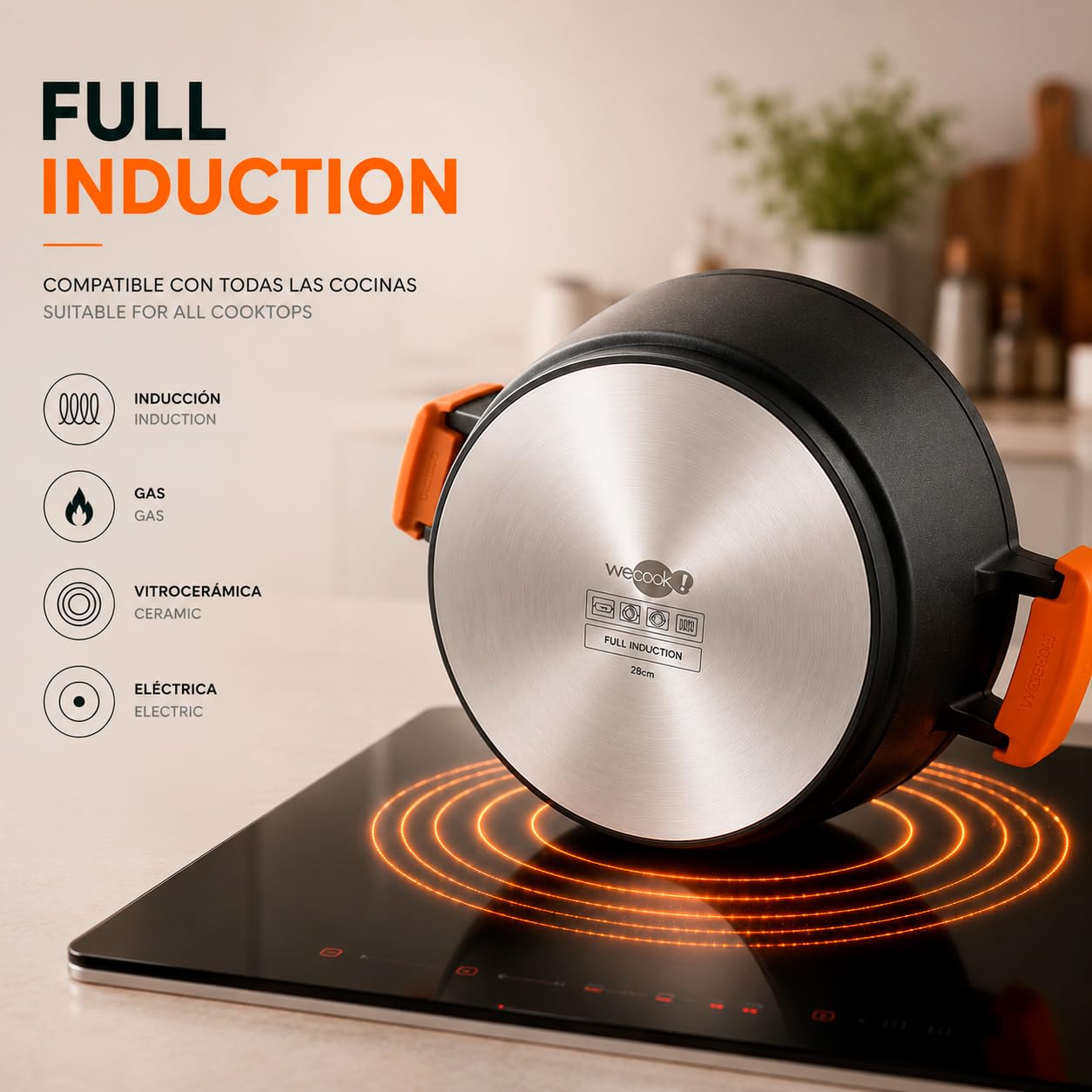 WECOOK! Ecochef Casserole Profonde, Induction, Couvercle en Verre 24cm, Antiadhésive QUANTANIUM Écologique sans PFOA, Fonte d'Aluminium, Épaisseur 5mm, Poignées en Silicone, Vitrocéramique, Four