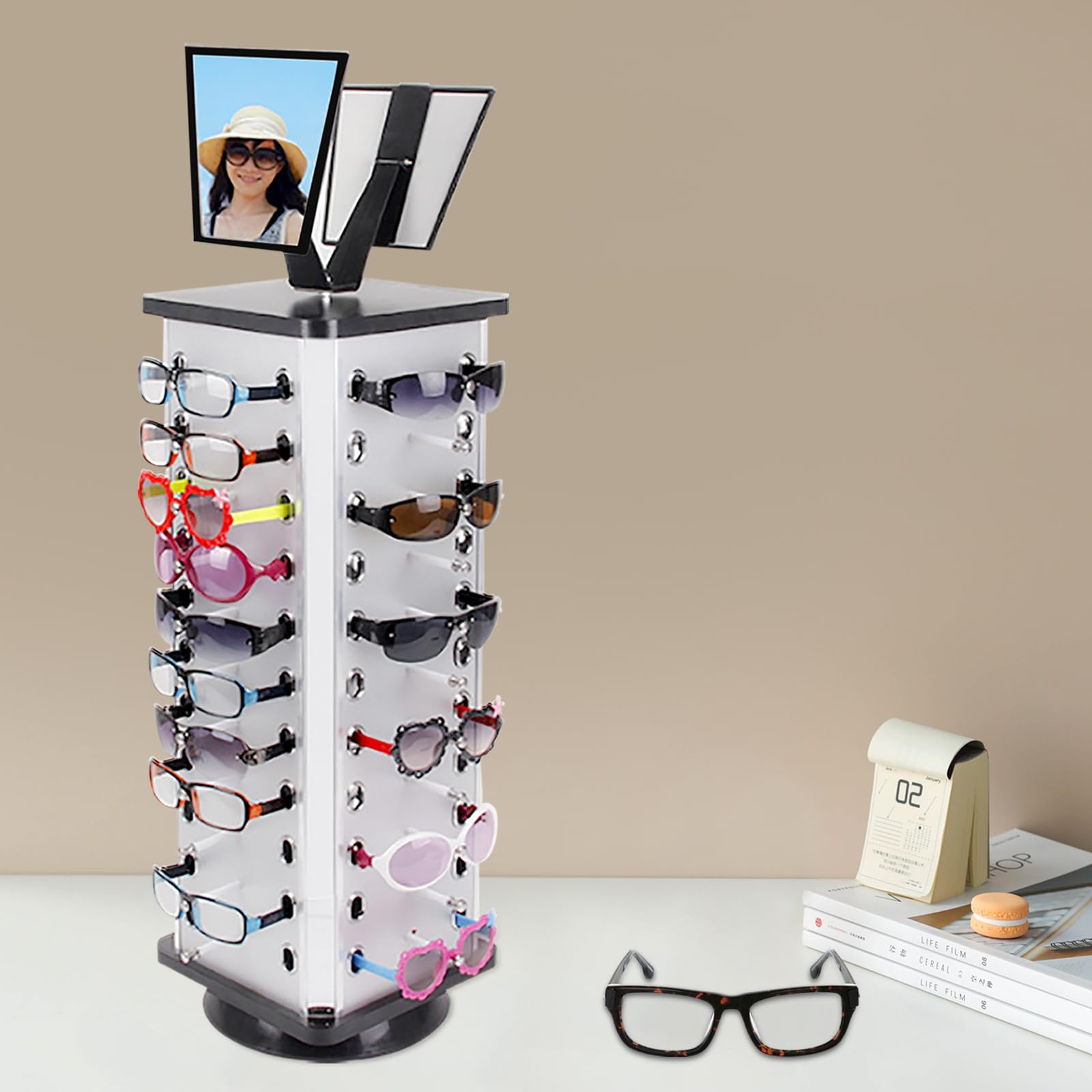 EurHomePlus Sunglass Display Stand Sunglasses Rack Holder Shelf w/ 2 Adjustable Mirrors, 360° Rotating Retail Eyeglass Glasses Display w/ Hooks & Holes for 44Pairs Glasses Storage and Display