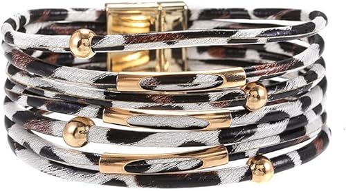 TengRiah Circle Charm Leather Wrap Bracelet Bohemia Multilayer Leopard Handcraft