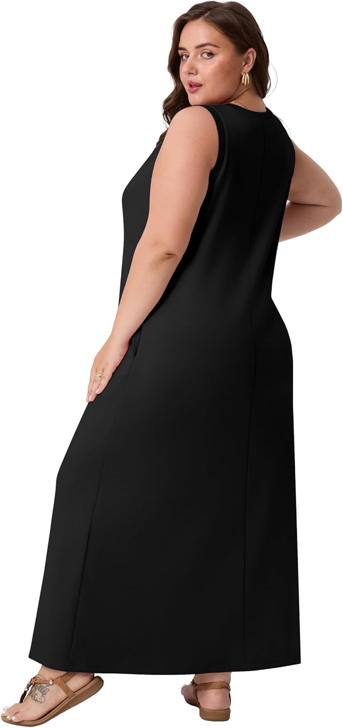 OLRIK Plus Size Maxi Dress for Women Summer Casual Sleeveless Long Sundress with Pockets Elegant Empire Waist - Image 3