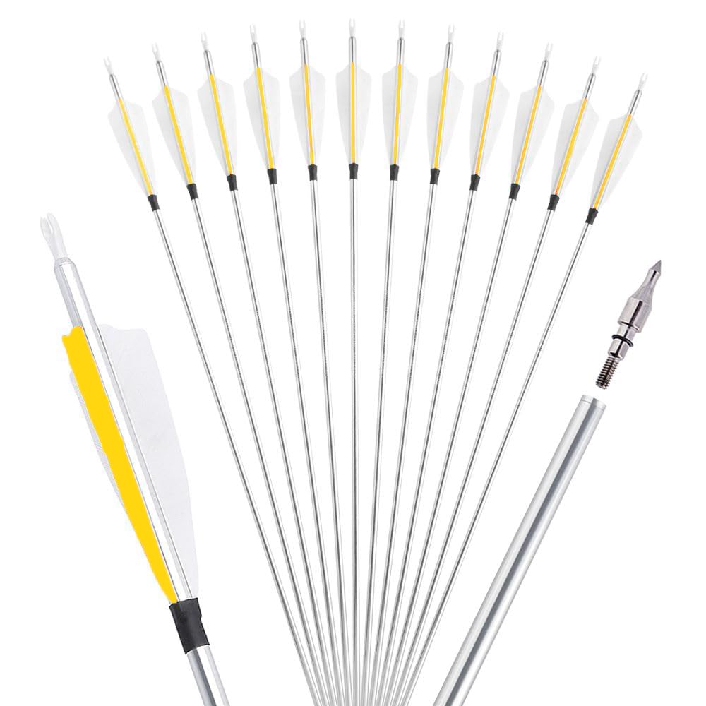 Archery Aluminium Arrow Spine 500 Aluminium Arrow Shafts Target Practice Arrows 4 Inch Coloured Turkey Feathers Hunting Arrow (12, yellow)