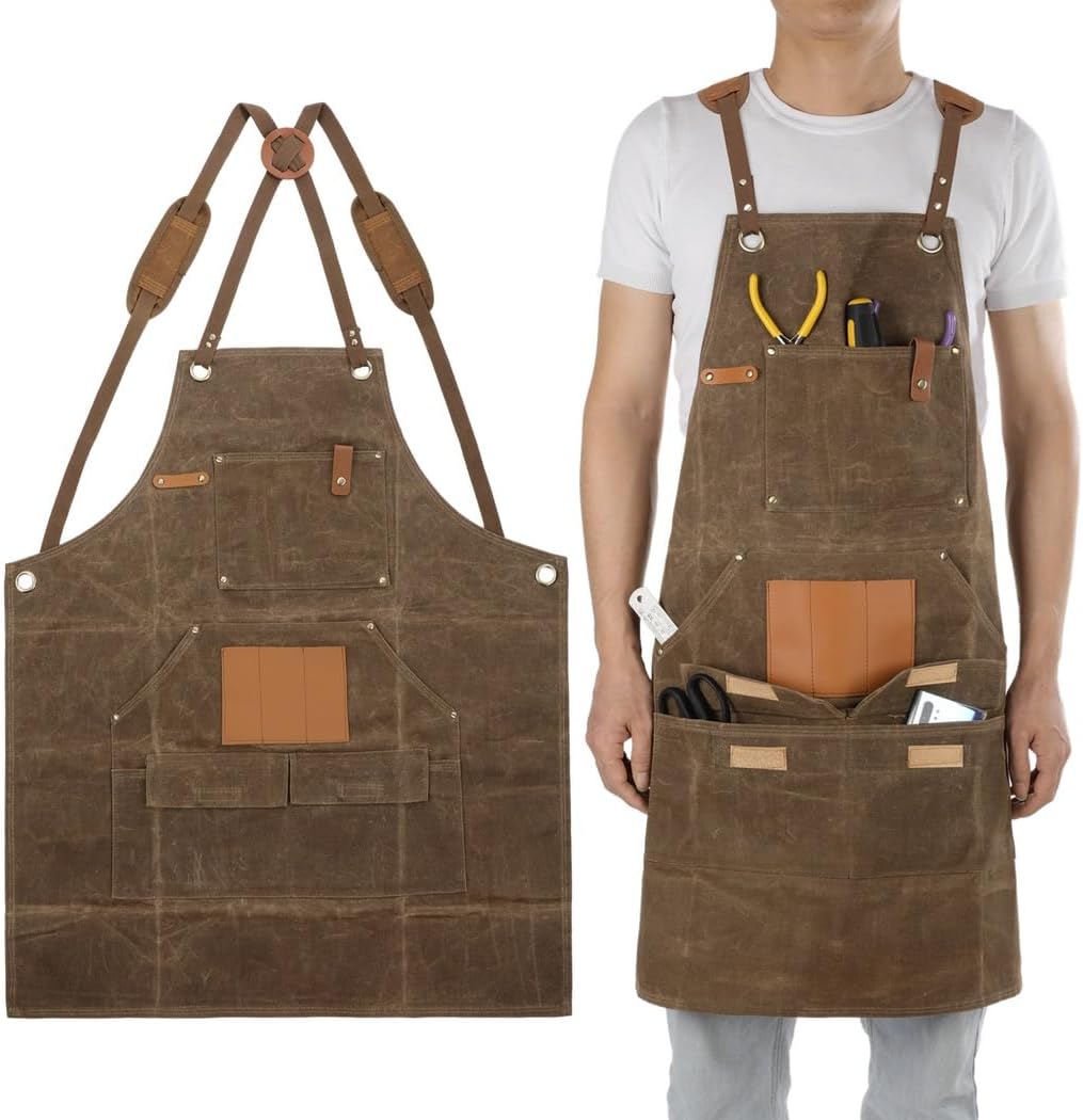 Gifts For Mechanics, Woodworkers, And Carpenters, Heavy Duty Durable Waxed Canvas Work Apron With Multiple Pockets For Tool Storage, Workshop Apron Designed For Men