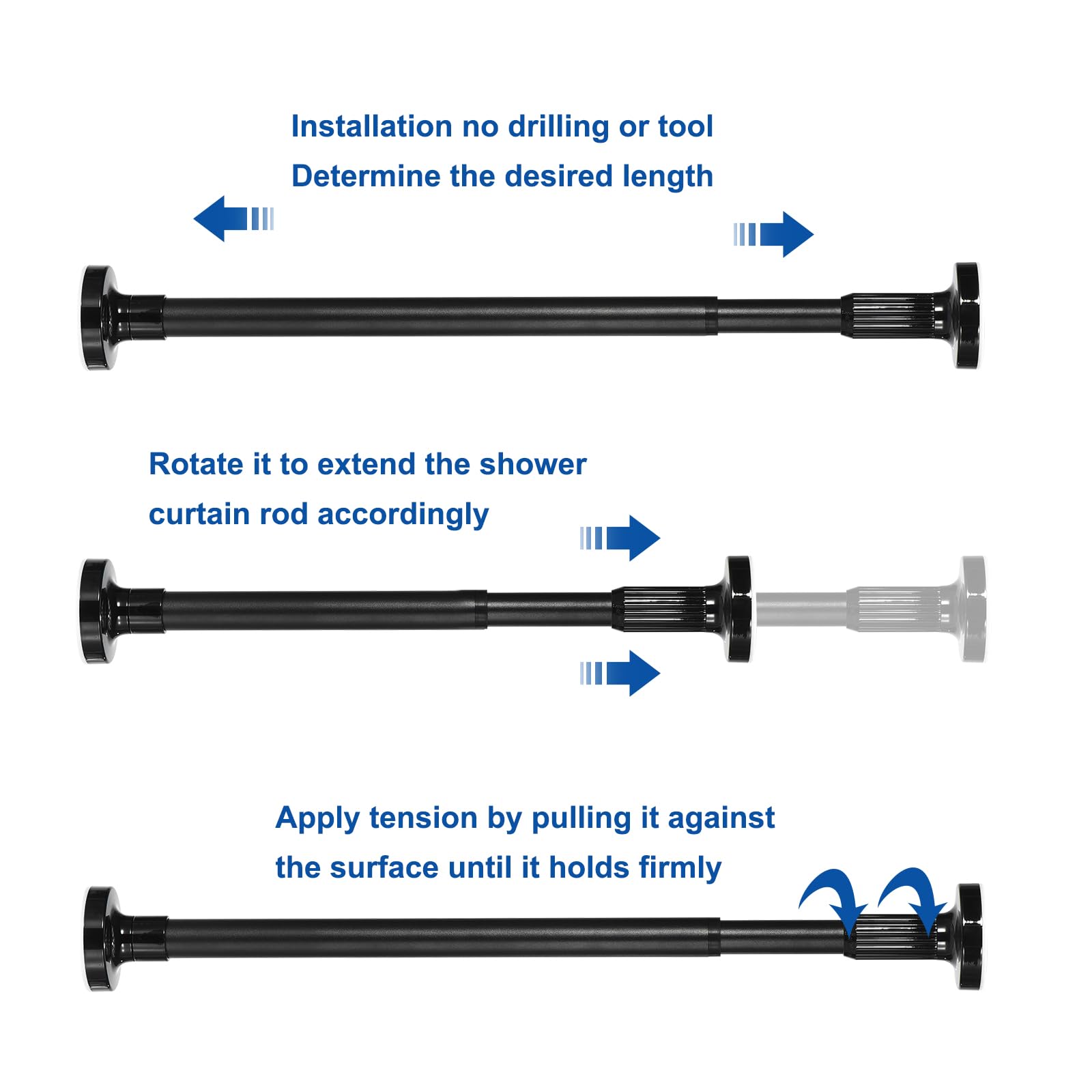 Lot de 2 tringles à rideaux de douche réglables de 91,4 cm à 160 cm en acier au carbone sans perçage pour fenêtres, portes, armoires - Finition noire