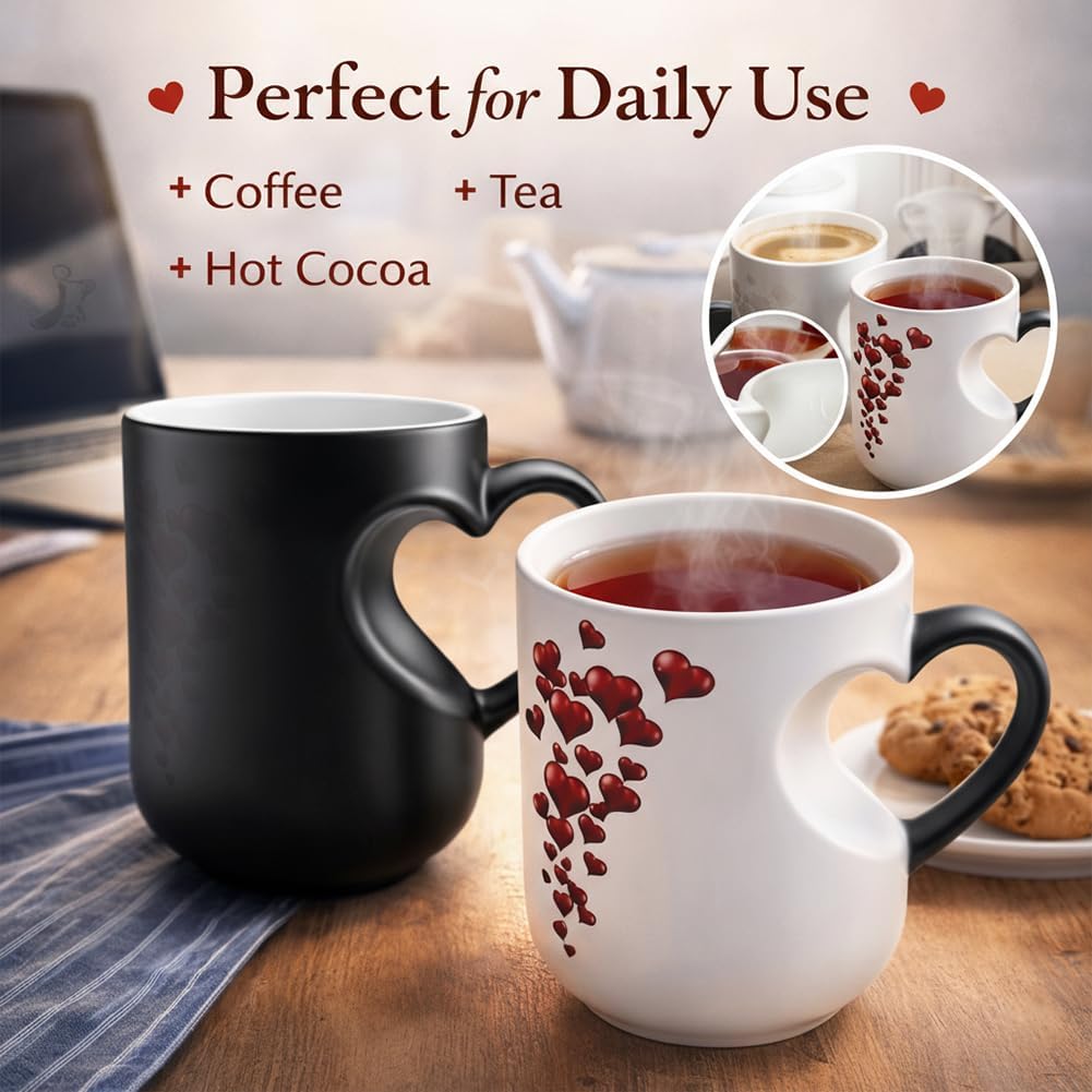 Heart Mug, Heart-Shaped Color Changing Magic Ceramic Mug Funny Color Changing Coffee Cup With Handle That Reveals Surprise Design When Filled With Hot Beverage Romantic Gift For Couples (Black) - Image 3