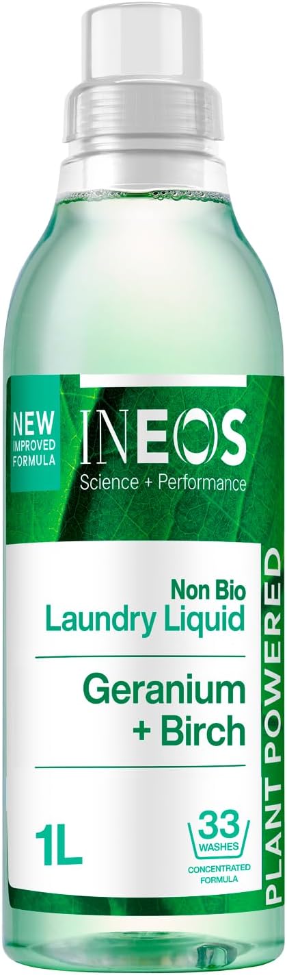 Next-Gen Non Bio Laundry Washing Liquid Detergent, 33 Washes (1L), High Performance Stain Remover For Clothes, Plant Powered, For Sensitive Skin, Geranium + Birch, Packaging May Vary