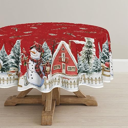 Horaldaily Mantel de Navidad redondo de 70 x 70 pulgadas, casa de muñeco de nieve de invierno, árboles de Navidad, color rojo, lavable, para fiesta, disponible en Yaxa Peru