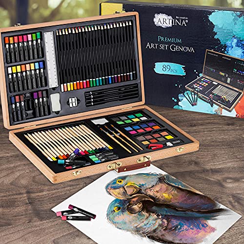 Artina XXL 89tlg Künstler Malset im Malkoffer Holz – Künstlerkoffer mit Buntstiften, Wasserfarben, Wachsmalstiften, Pastelle, Pinsel, Malfarben & Malzubehör zum Malen für Kinder & Erwachsene – Genova