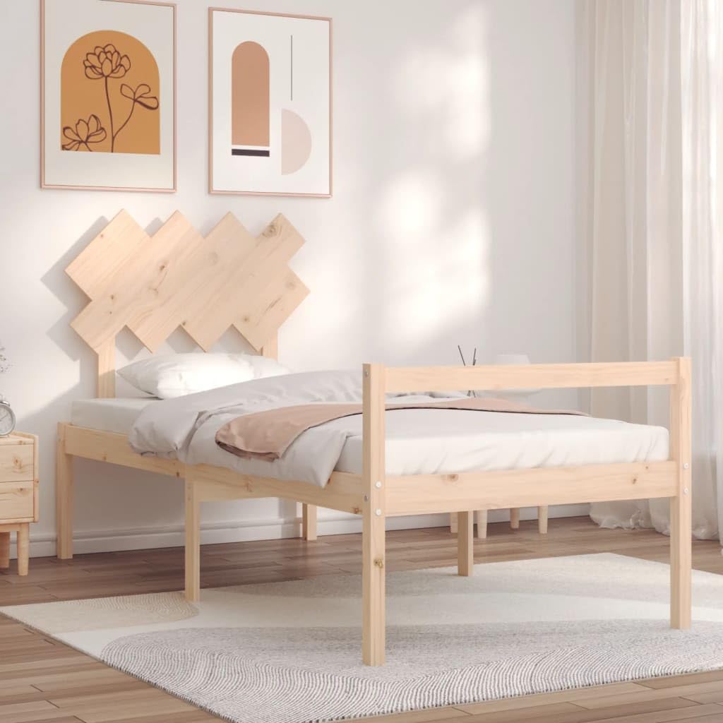 Massives Kiefernholz Seniorengerecht 45 cm Sitzhöhe Bettschublade Braun 90 | Seniorenbett mit Kopfteil Massivholz 90x190cm Kiefernholz Bettgestell mit Lattenrost Hohe Sitzhoehe 45cm Stabil Stauraum