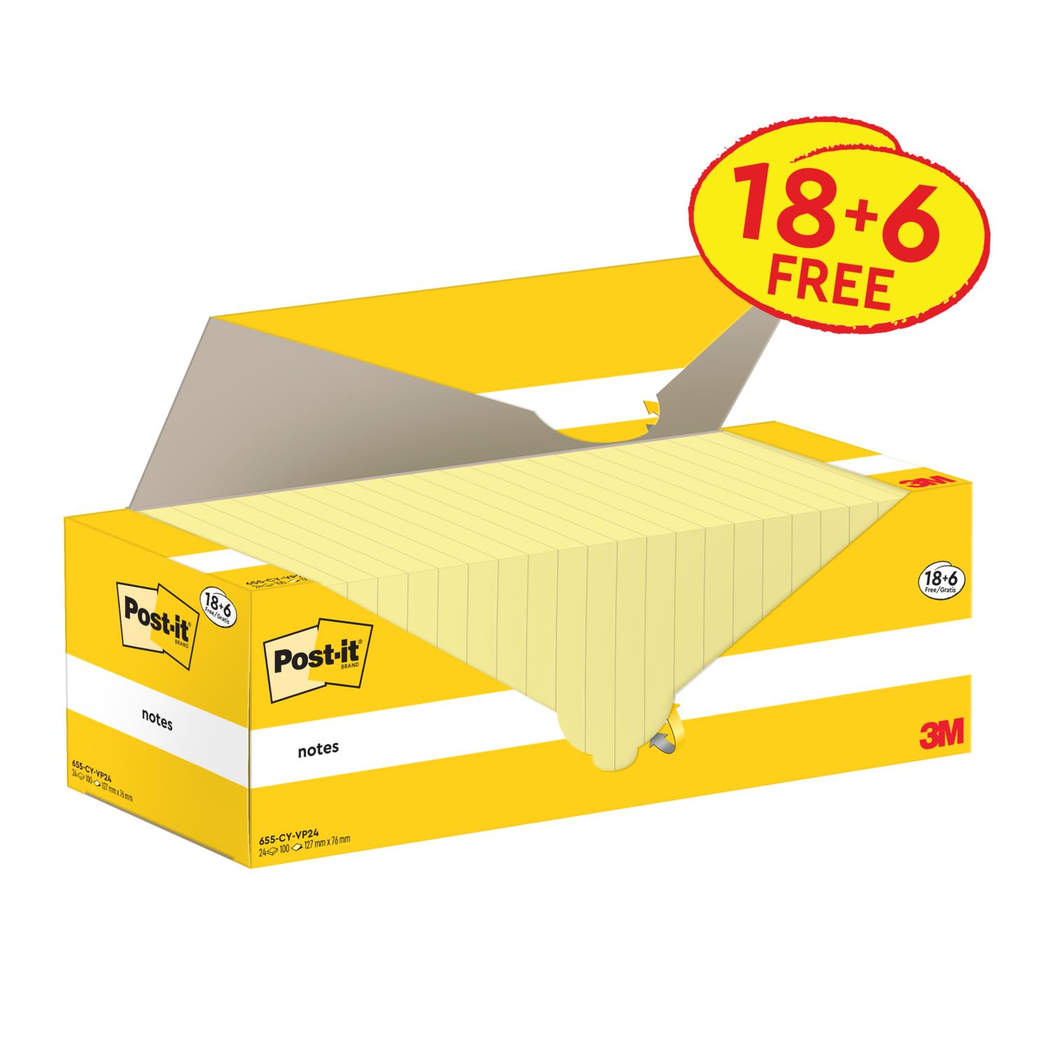 Post-it Notes Canary Yellow, Promo Pack 18 + 6 Free Pads, 100 Sheets per Pad, 76 mm x 127 mm, Yellow Color - Image 2