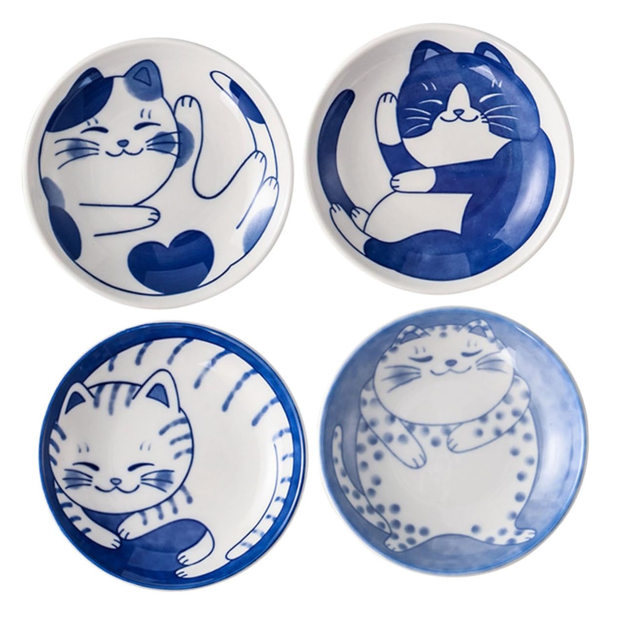 TIDTALEO 4Pcs Japanese Style Ceramic Sauce Dishes Cat Pattern Appetizer Plates for Sushi Snacks and Seasoning Storage Unique Dipping Bowls for Home Kitchen Use