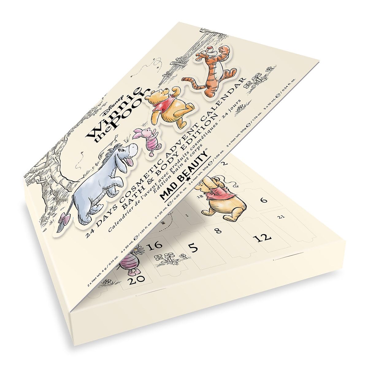 MAD Beauty – Calendario de Adviento Disney WINNIE THE POOH con 24 productos cosméticos, bienestar, mujeres, mascarilla facial, loción corporal, goma para el pelo, lima de uñas, belleza