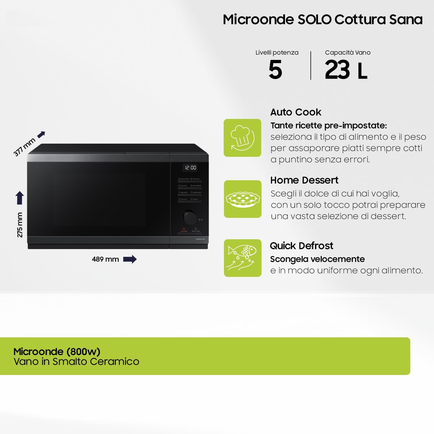 Samsung Forno a Microonde Cottura Essenziale MS23DG4504AGE1, Home Dessert, Quick Defrost, 23 L, LxAxP: 48,9 x 33,8 x 27,5