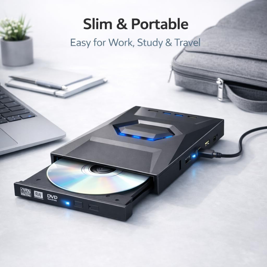 External CD DVD Drive, USB 3.0 & Type-C DVD Burner for Laptop Desktop, Portable CD/DVD +/-RW Optical Drive with SD/TF Card Reader, 2 USB Ports and Extra Power Supply Port, Plug and Play