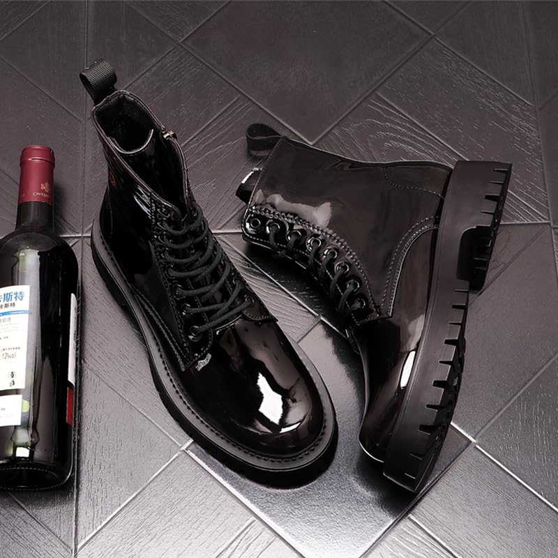 Men's luxury fashion punk nighTCLsub dress motorcycle boots vintage patent leather shoes handsome platform boot high top botas (Black, 9)
