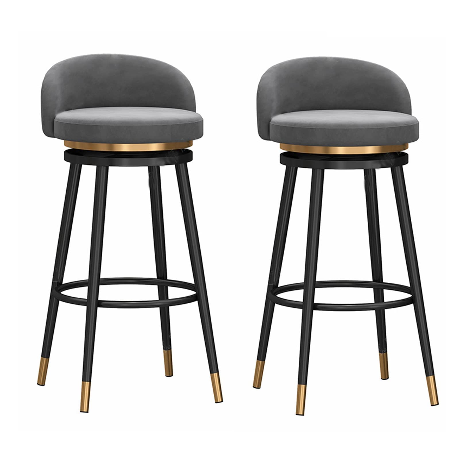 AYCDL 2pcs 360° Swivel Barstools Counter Height Stool Bar Stools, Velvet High Bar Chairs with Backrest and Footrest, Upholstered Stools for Kitchen Island,Black Gray-65cm