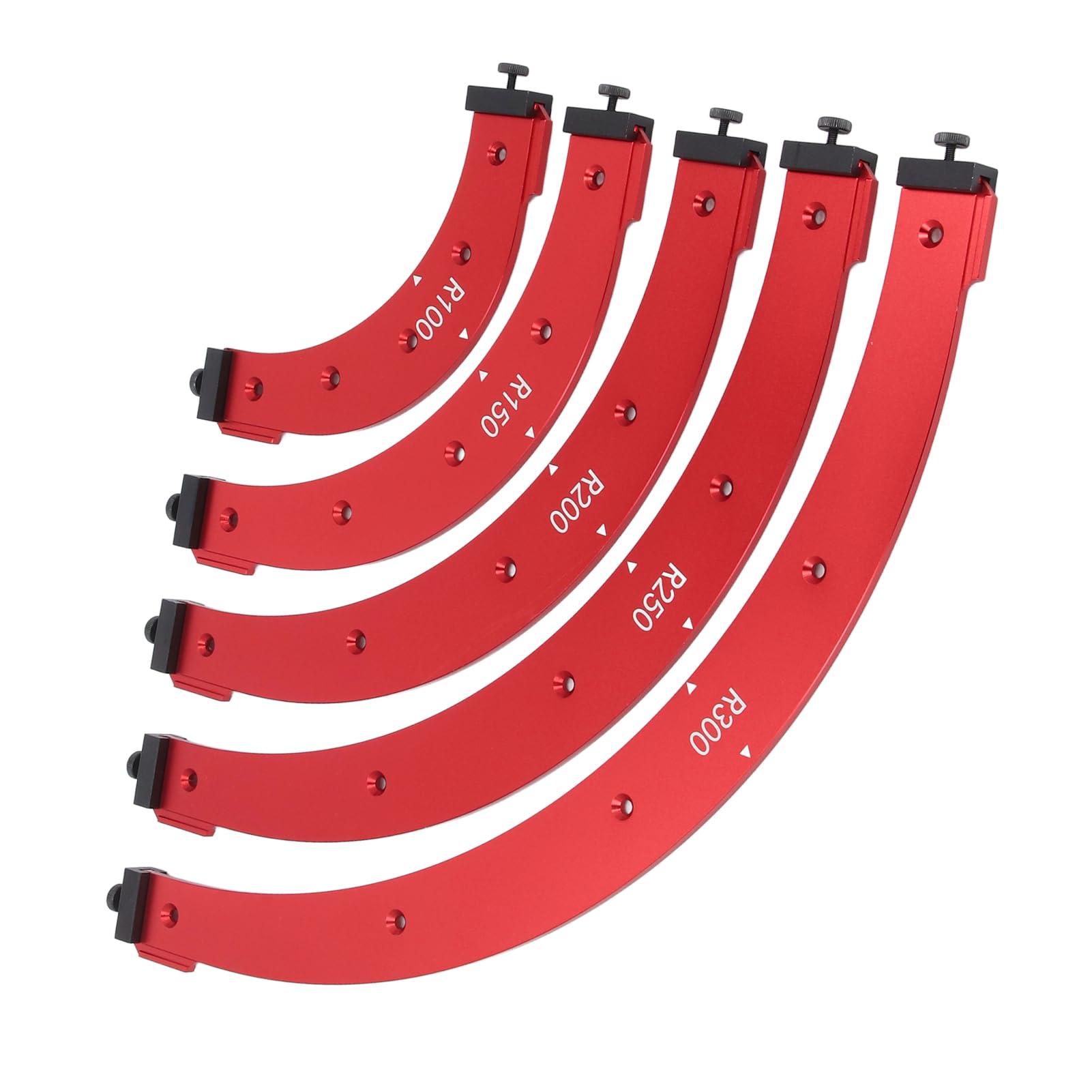 Ecklehren-Schablonen-Set R100–300, Fräsradius-Schablonen aus Aluminiumlegierung, professionelles Holzbearbeitungswerkzeug zum Trimmen runder Ecken, inklusive 5 Schablonen und 10