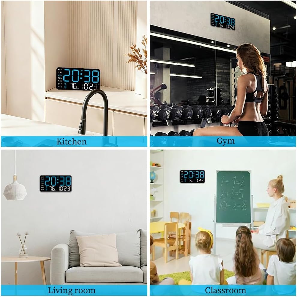 Image of 9 inch Digital Wall Clock LED Alarm Clock with Day, Date, Temperature & Dual Alarm | 5-Level Adjustable Brightness, Large Display for Bedroom, Office, Living Room, Classroom, Modern Home Decor