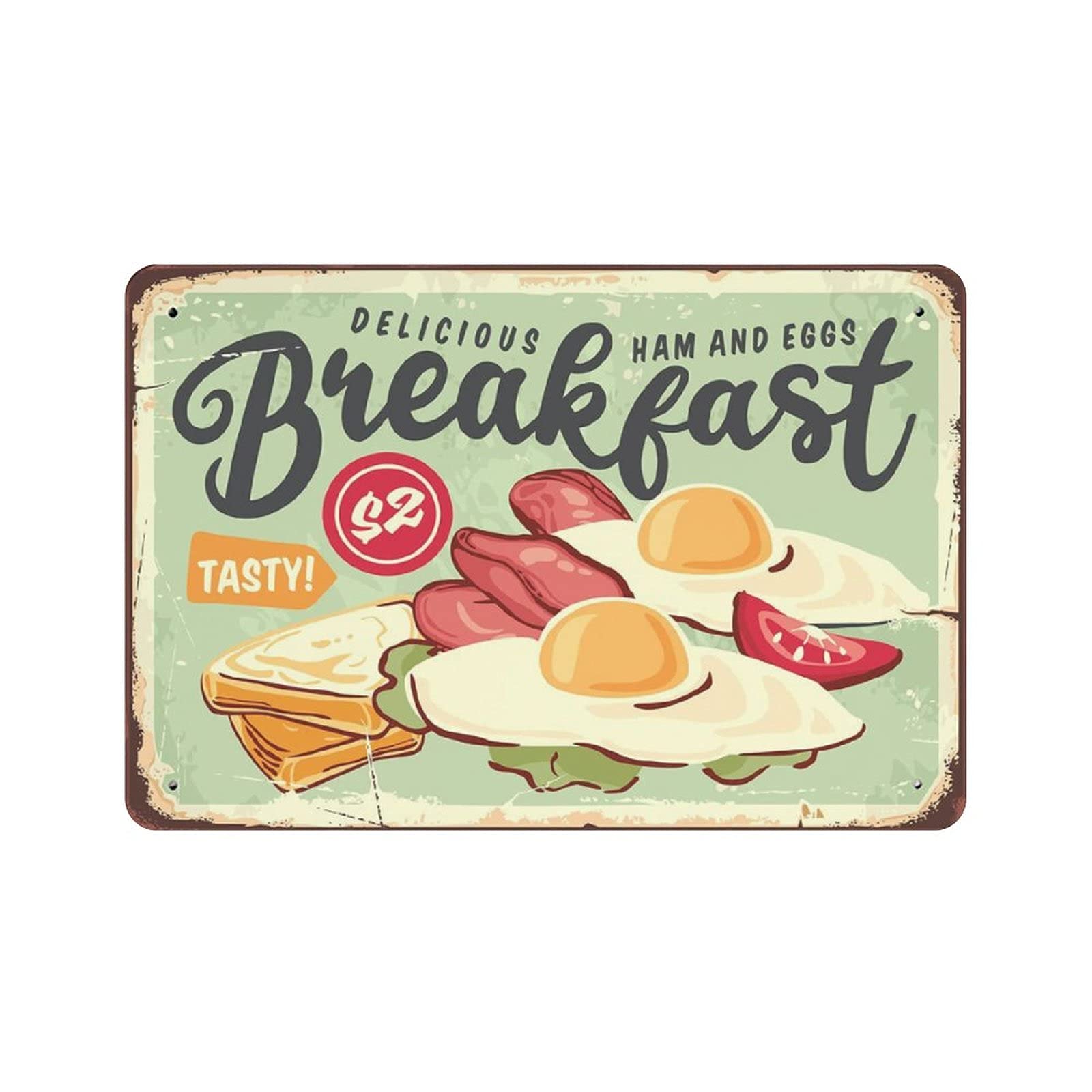 Metal Tin Sign Breakfast Ham Eggs And Toast Vintage Tin Poster Metal Sign Wall Decoration Country Kitchen Home Garage Decor 8"x12"