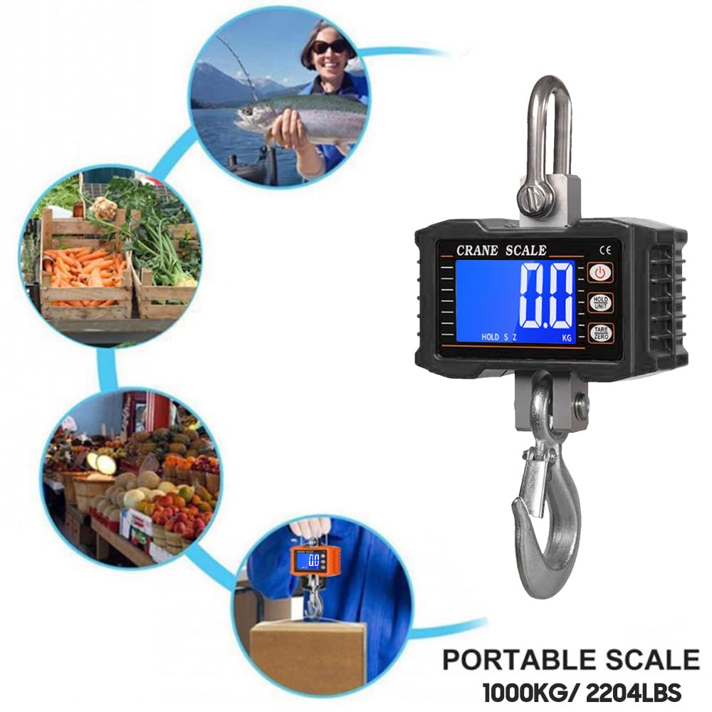 Bilancia da Gru Bilancia Digitale Sospesa per Spedizioni per Pacchi Posta 1000 Kg 2204 Libbre Retroilluminazione LCD Tara Mantenimento Dati Kg Lb (Nera)