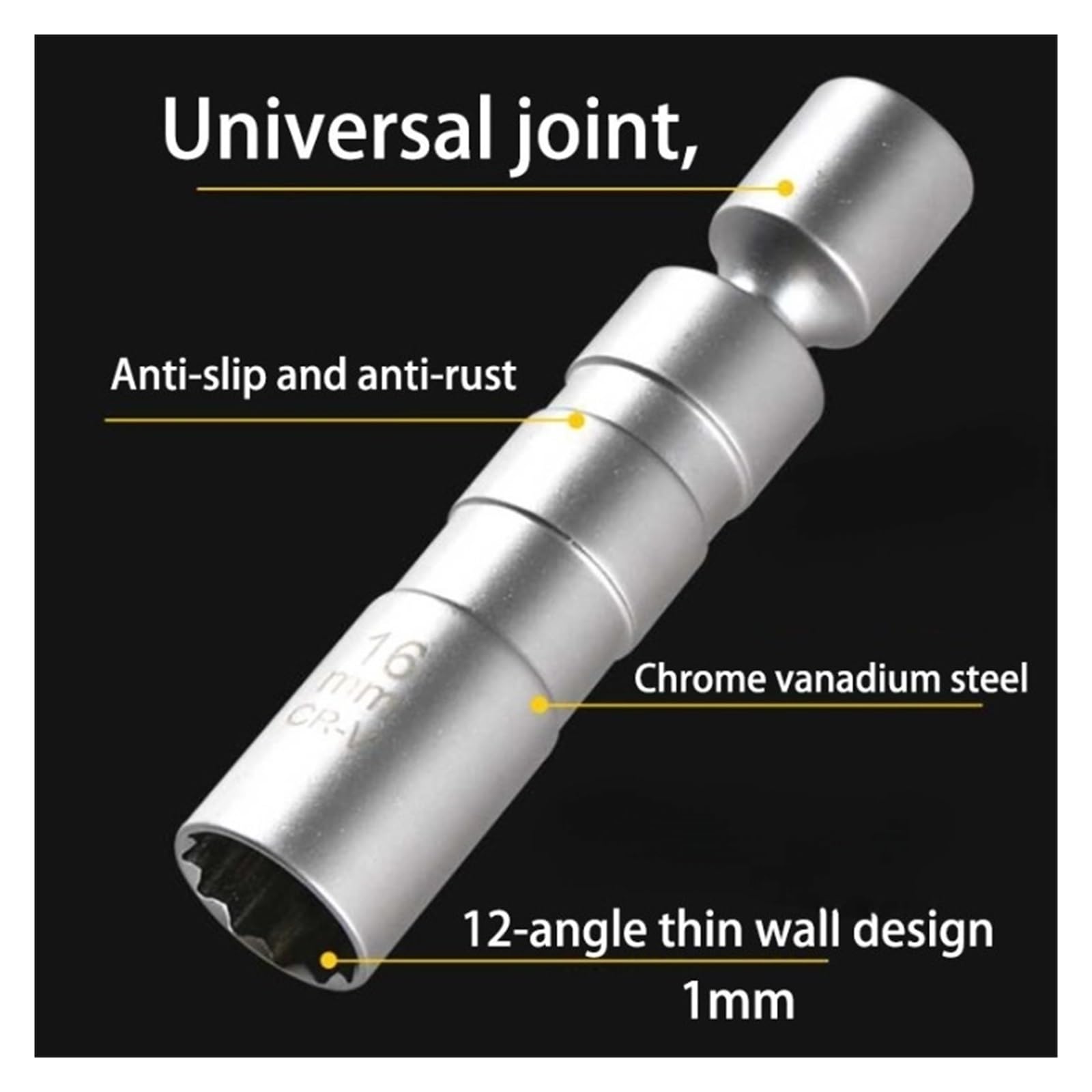 Herramientas de reparación de automóviles, bujía de Pared Delgada de 14 mm y 16 mm, Junta Universal con Llave de Tubo Flexible magnética, Herramienta de reparación de automóviles (Color: 16 mm)