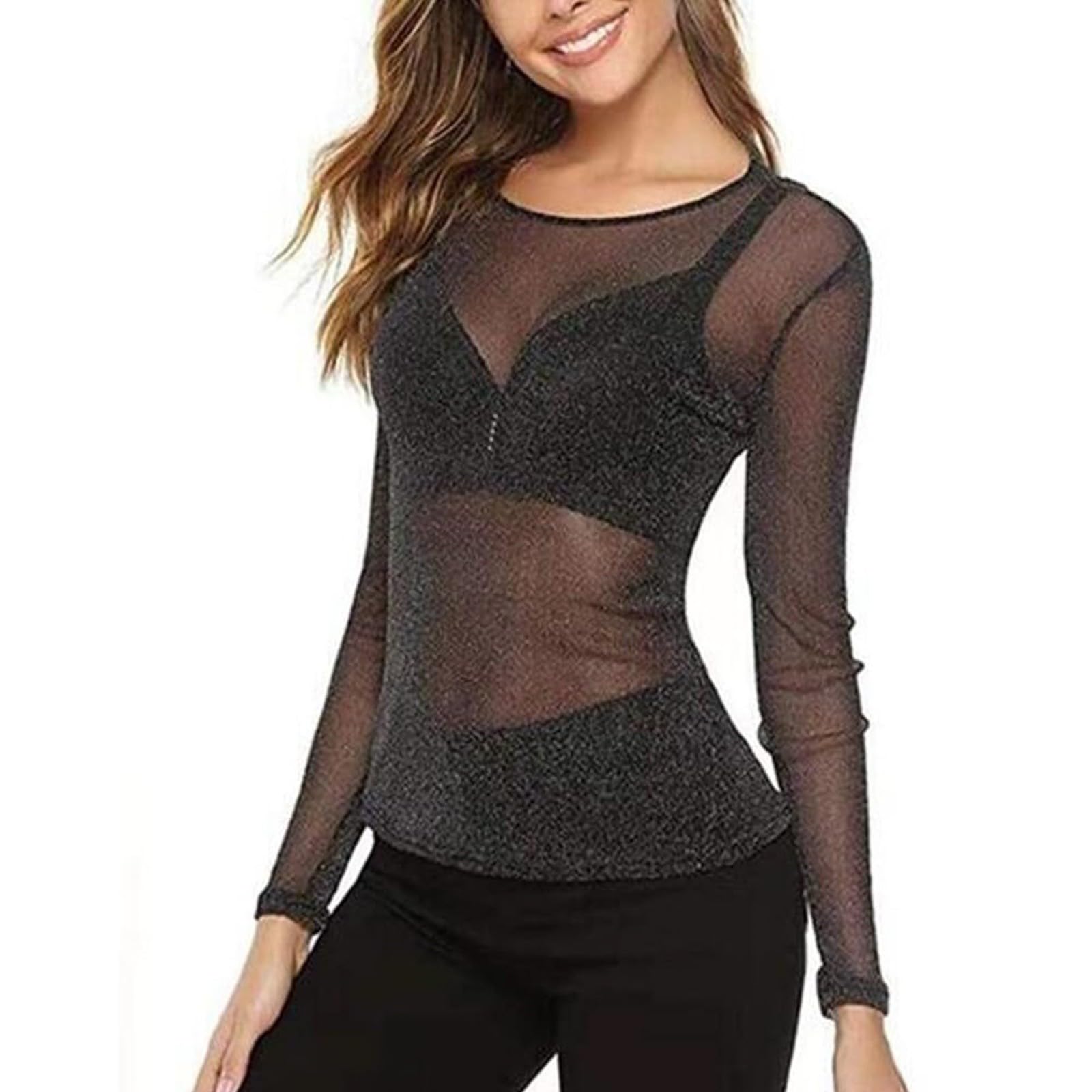 Camiseta Rejilla Mujer Transparente Manga Larga Elástica Body Y2k Rosa