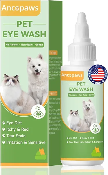 Ancopaws Eye Drops for Dogs & Cats: Pet Eye Wash to Soothe Allergy & Irritation - Dog Eye Drops to Relieve Dry Eyes Pink Eyes - Pet Tear Stain Cleaner - Suitable for All Animals
