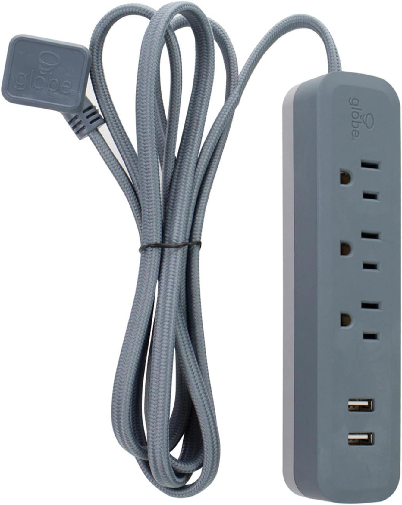 Globe Electric Designer Series 6-ft 3-Outlet USB Surge Protector Power Strip, 2X USB Ports, Right Angle Plug, Adriatic Rubberized Finish,78392