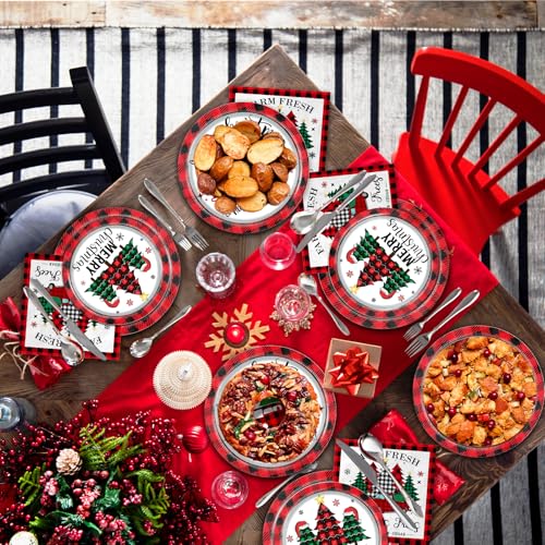 GREHUMOR 60Pcs Truck Christmas Plates and Napkins Red Truck Xmas Party Supplies Buffalo Plaid Xmas Paper Plates Napkins for Merry Christmas Party Supplies Serve 20 – Image 7