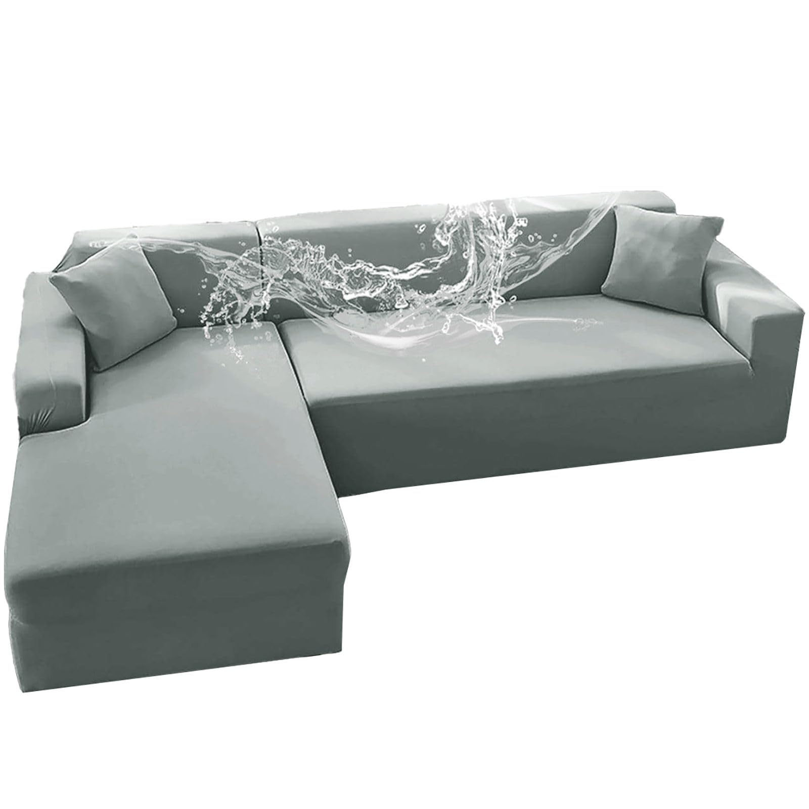 Waterproof Long Sofa Cover, 2 Pieces Elastic Spandex Covers for Sofa Chaise Longue with Elastic Bottom, Non-Slip Washable, Light Grey-3 Seater + 3 Seater