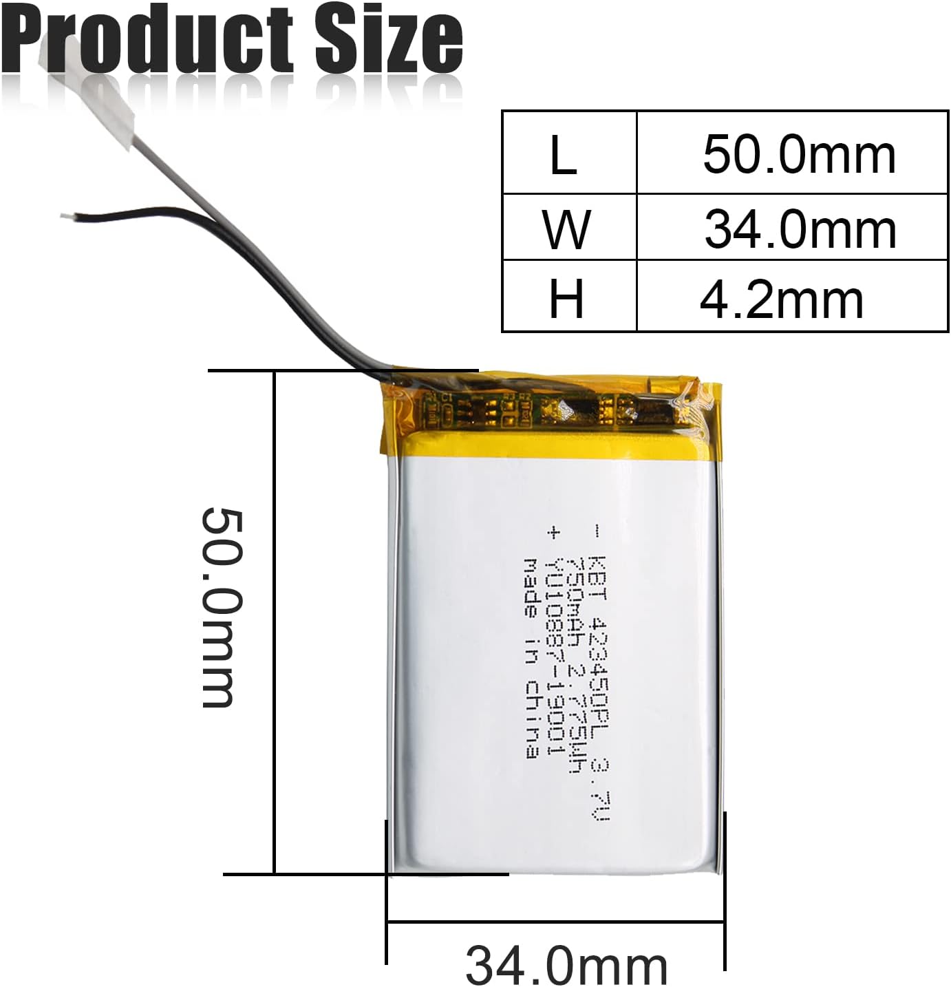 KBT 3.7V 750mAh Li-Polymer Battery: 423450 Lipo Rechargeable Lithium-ion Replacement Batteries