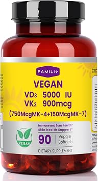 FAMILI+ Vegan Vitamin D3 K2 5000IU with Coconut MCT Oil, 90 Softgels | Coconut MCT Oil, Plant Source Vitamin D3, 750Mcg MK4 + 150Mcg MK7, Broad Spectrum K2, Bone Muscle Teeth Overall Health