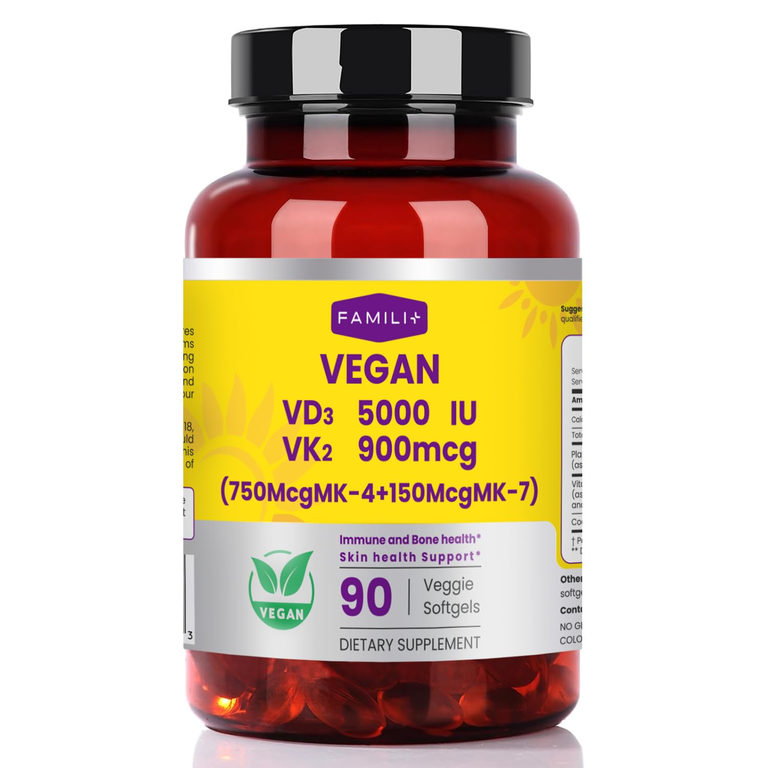 FAMILI+ 90 ημέρες Βιταμίνη Vegan D3 5000IU +K2 900Mcg Softgel με λάδι καρύδας MCT 
